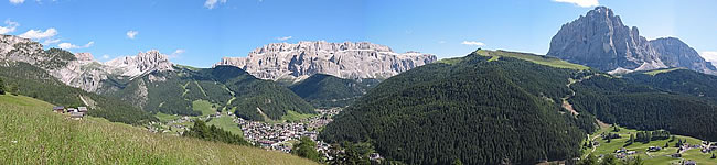 Cir-Spitzen, Sella Gruppe, Wolkenstein in Gröden, Ciampinoi und der Langkofel vom Daunei aus gesehen.